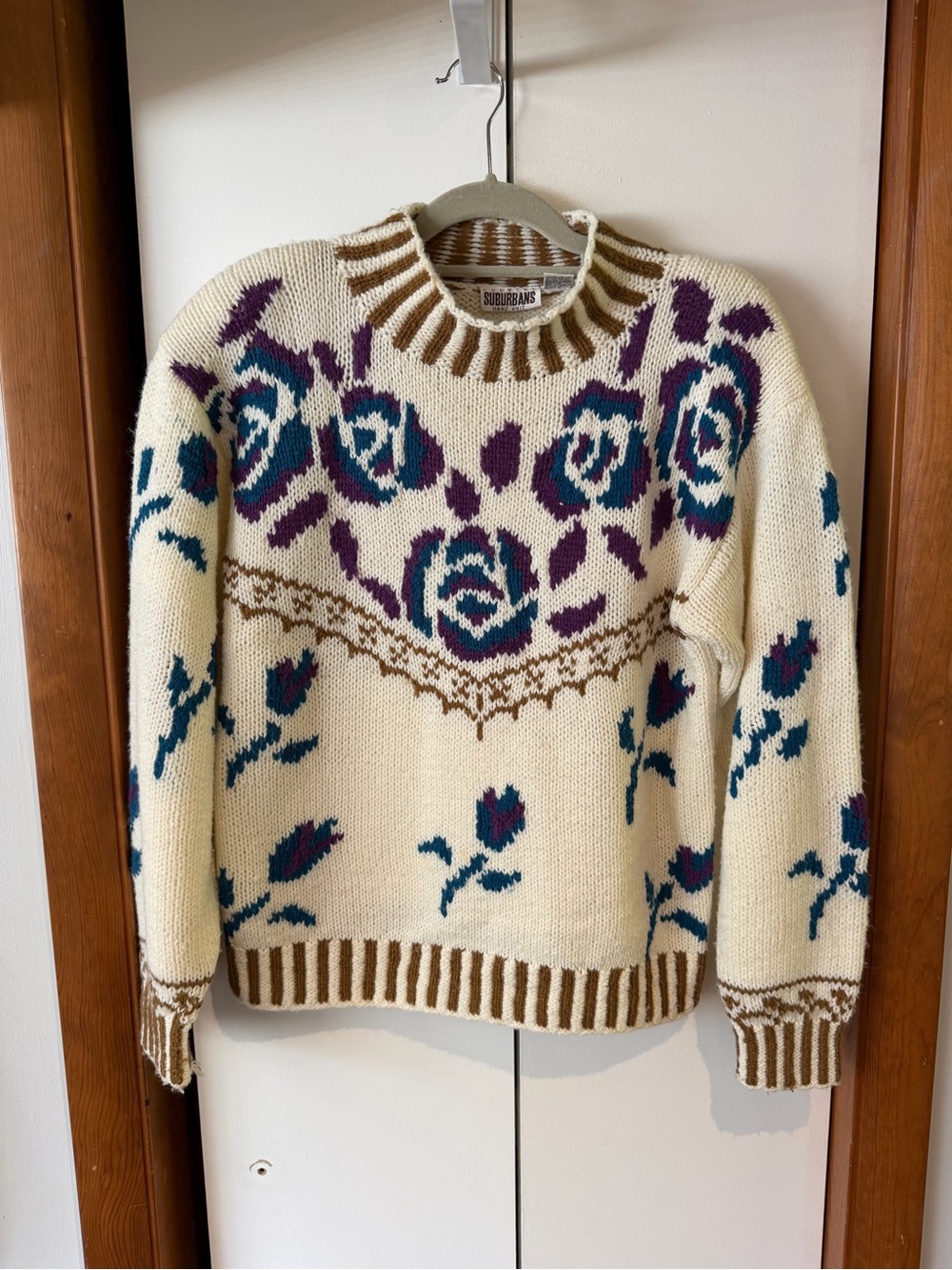 Vintage Counter Suburbans Hand Knit Floral Rose Turtle Neck Sweater - Size Large